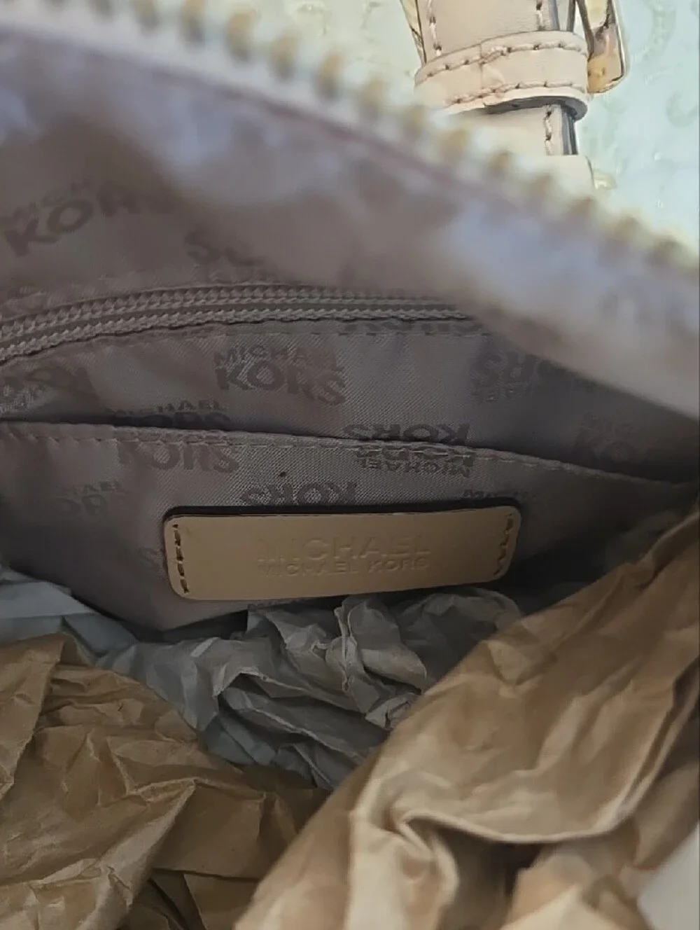 2 Piece Michael Kors Light Beige/White Signature MK Satchel with Gold Hardware